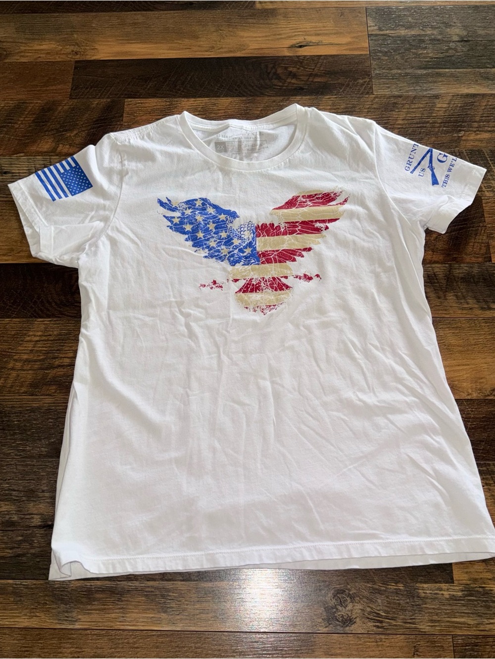 Grunt Style White Short Sleeve Tee with Distressed American Eagle Graphic